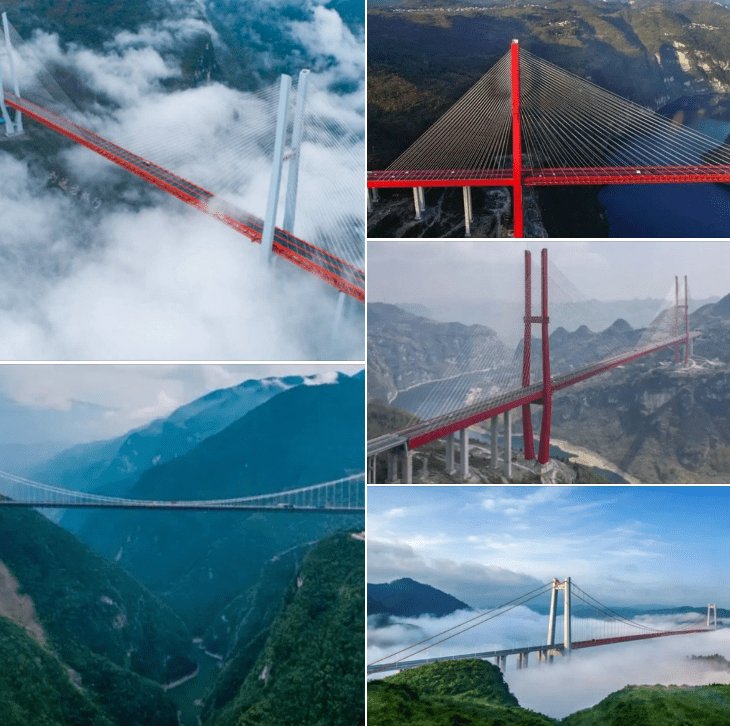 The top ten highest bridges in the world, with Beipanjiang First Bridge ranking first, and eight of the top ten bridges located in China.
